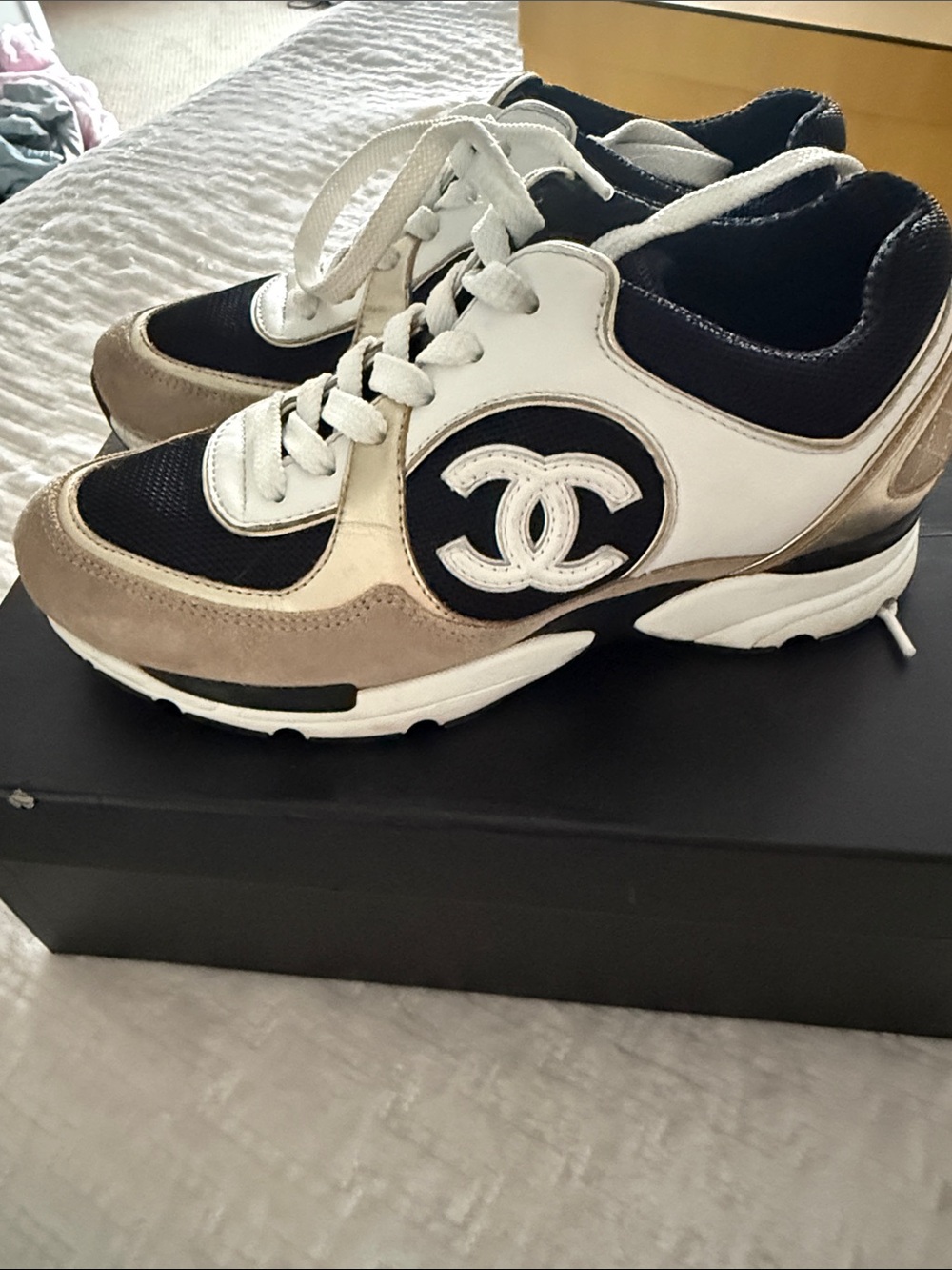 CHANEL Black White Beige CC Logo Lace-Up Sneakers